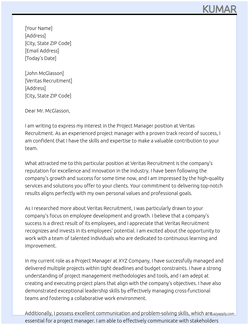 Project Manager At Veritas Rectruitement Cover Letter