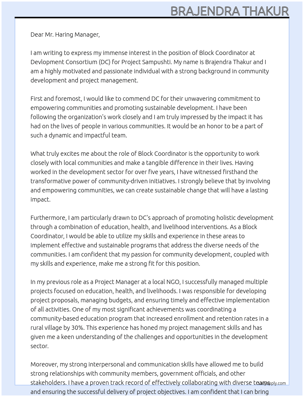 Block Coordinator  At Devlopment Consortium (DC) for Project Sampushti Cover Letter