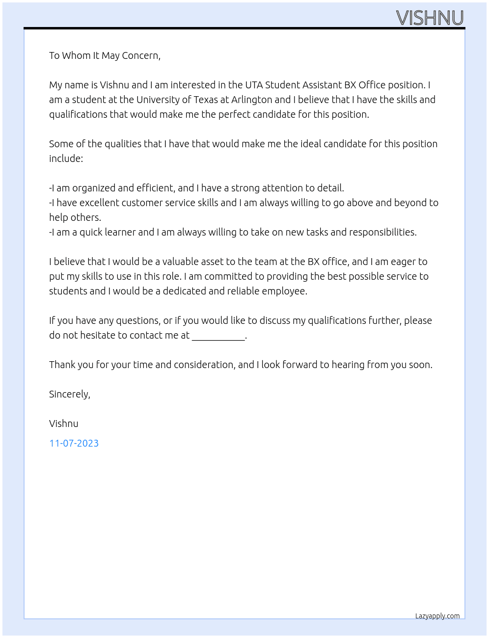 uta student assistant bx office At UTA Cover Letter
