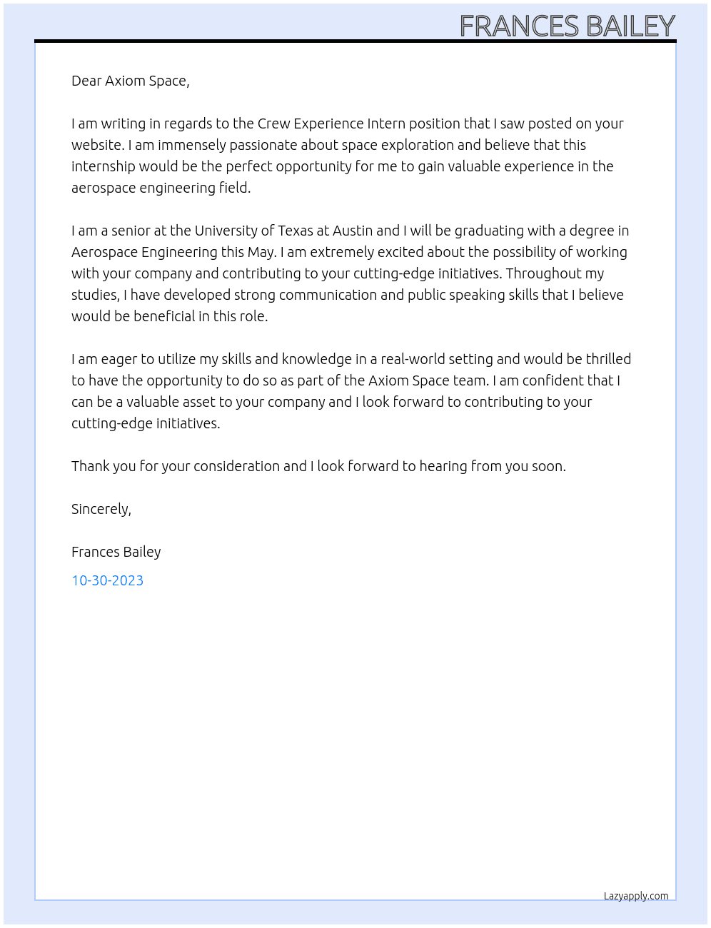 Crew Experience Intern At Axiom Space  Cover Letter