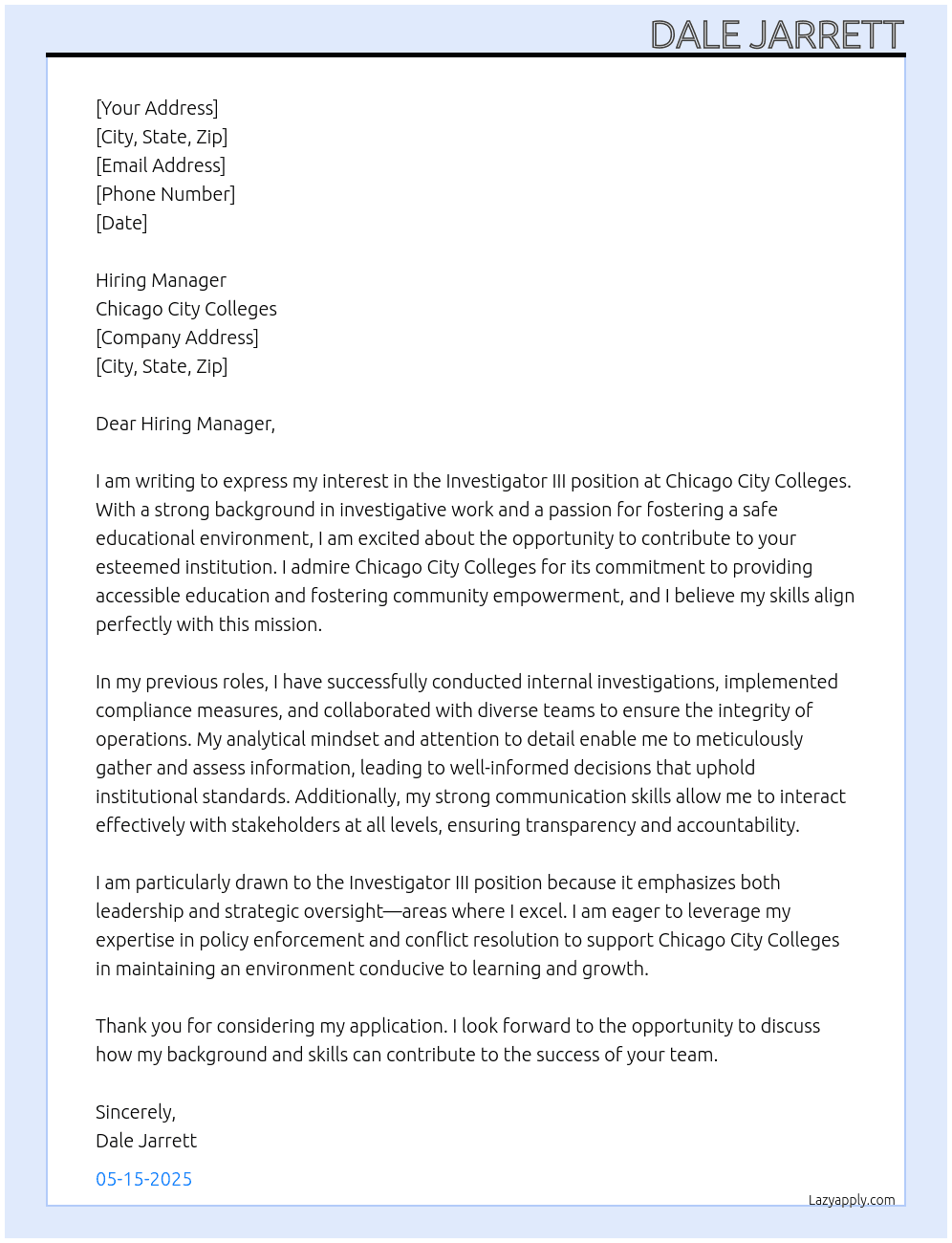 Investigator III At Chicago City Colleges Cover Letter