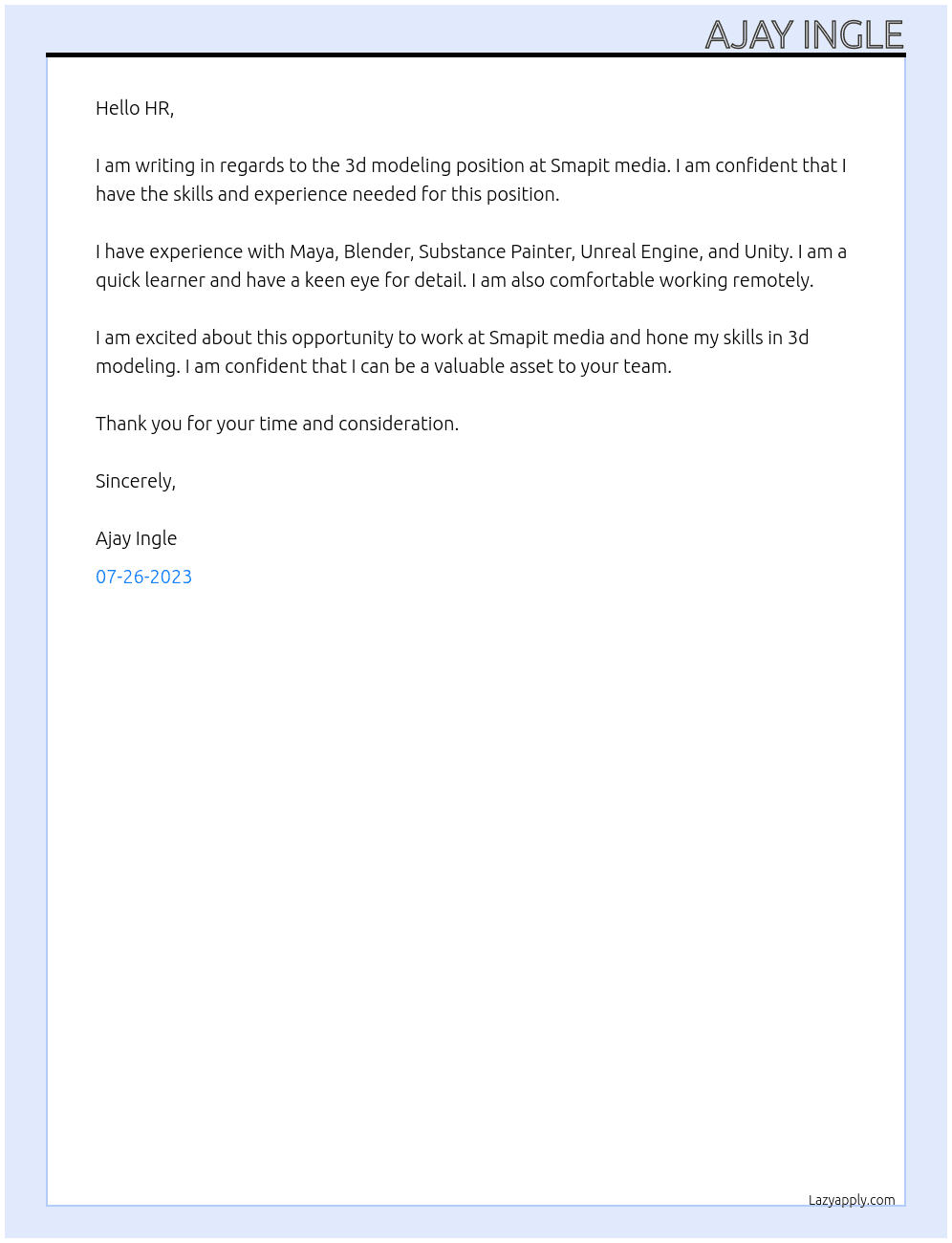 3d modling  At Smapit media  Cover Letter