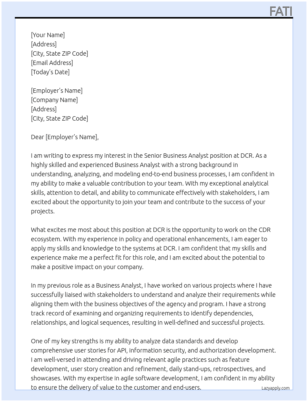 senior business analyst At dcr Cover Letter