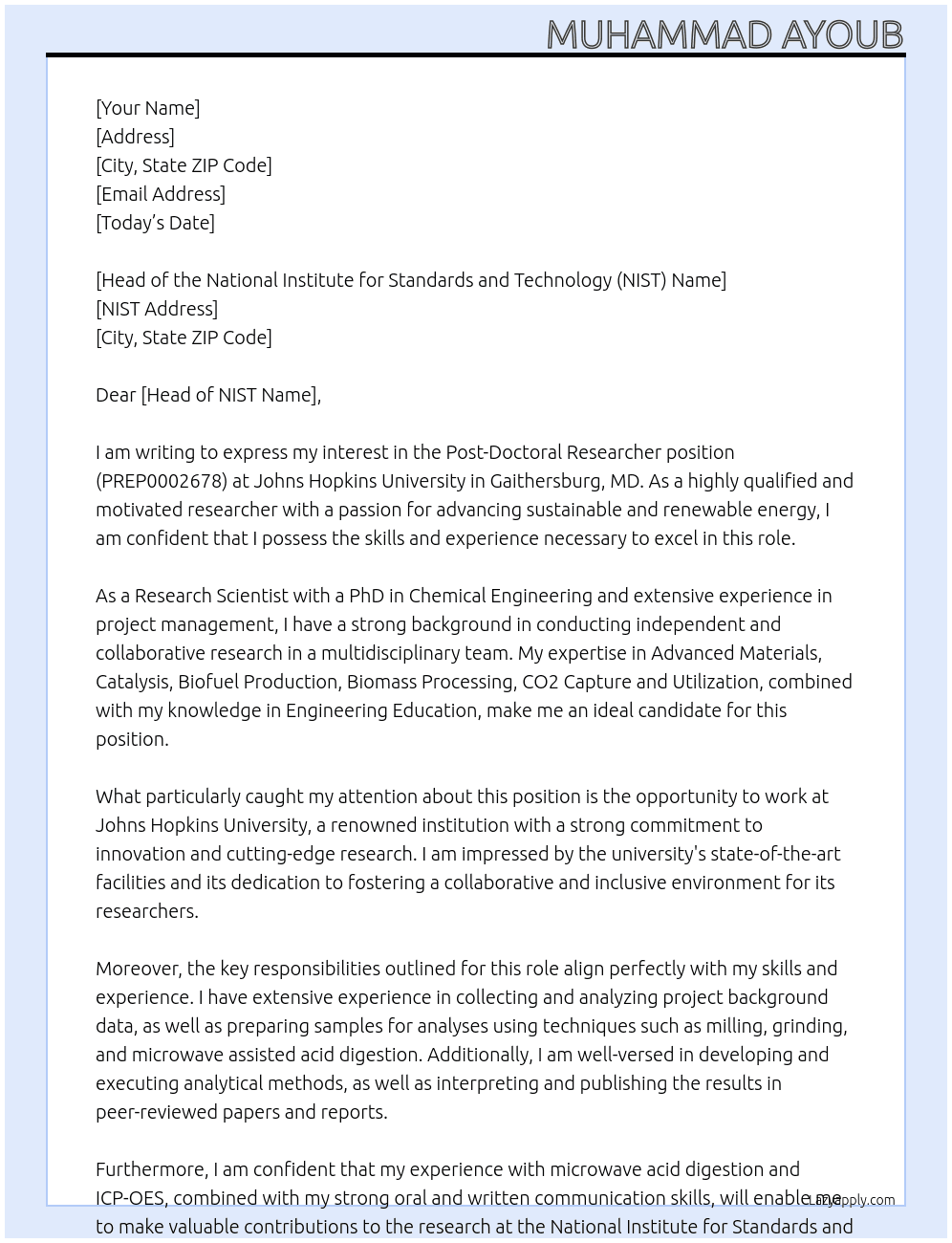 Post-Doctoral Researcher(PREP0002678) At Johns Hopkins University Gaithersburg, MD Cover Letter
