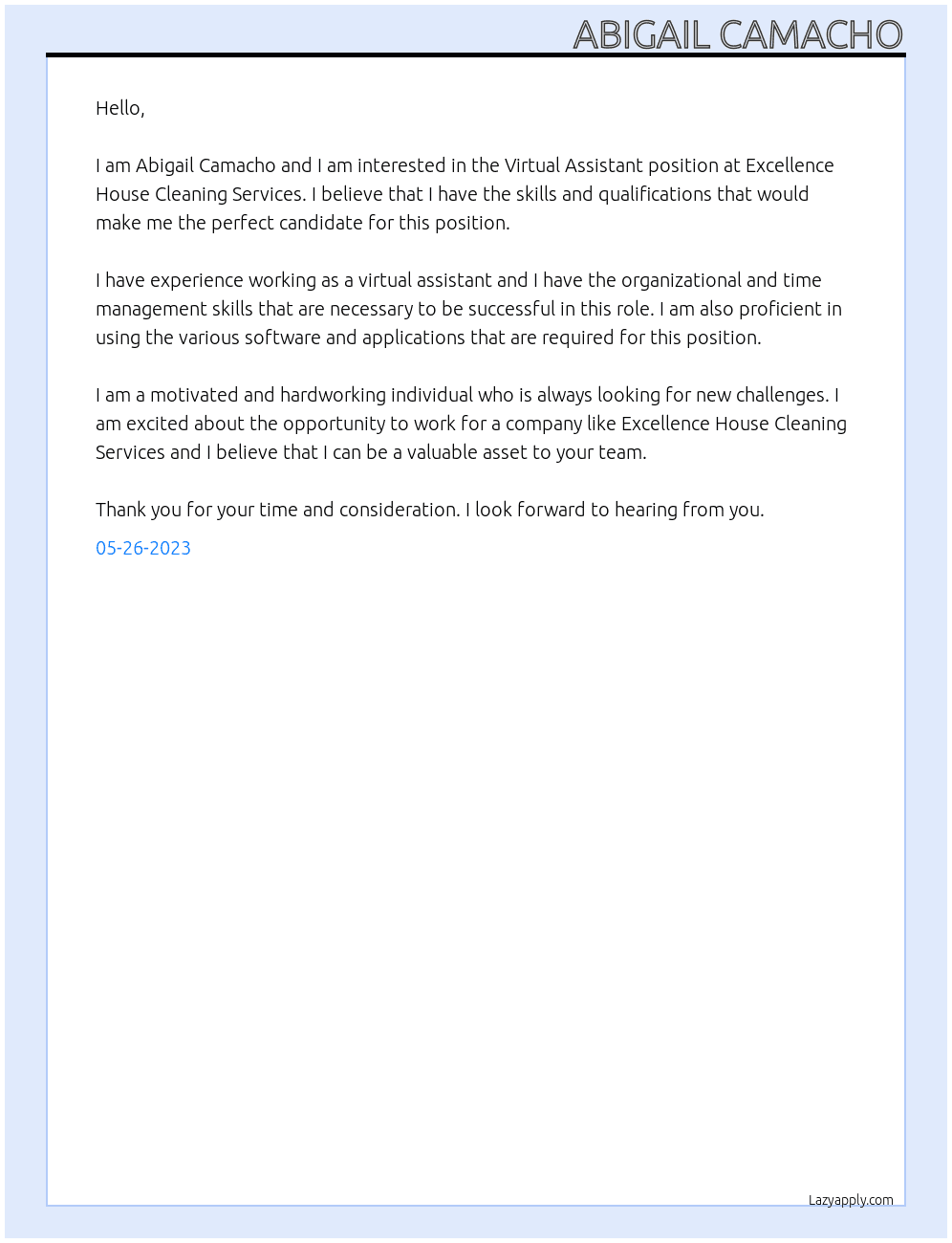 Virtual Assistant At Excellence House Cleaning Services Cover Letter