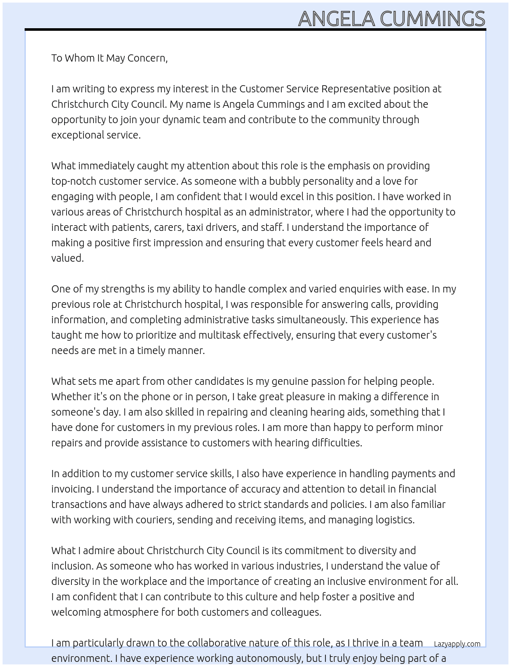 Customer Service Representative At Christchurch City Council Cover Letter