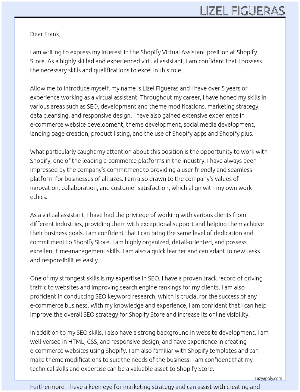 Shopify Virtual Assistant At Shopify Store Cover Letter