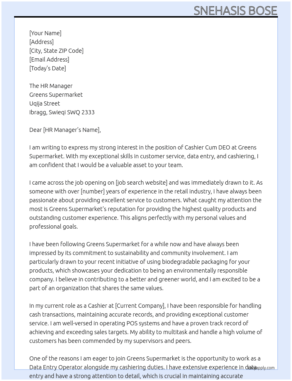 Cashier Cum DEO At Greens Supermarket  Cover Letter