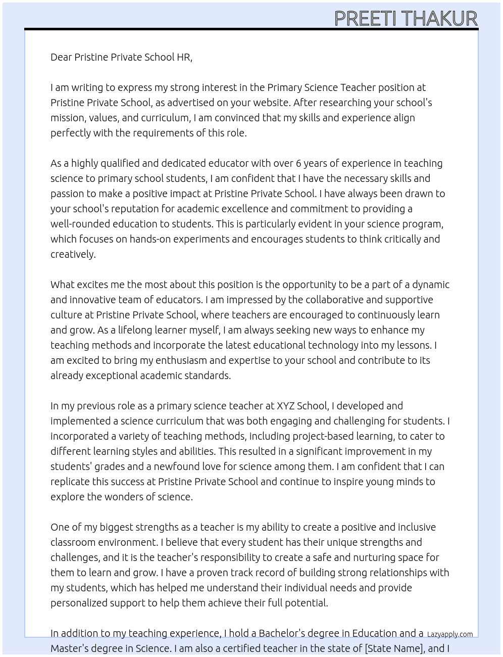 Primary science teacher At Pristine  private school  Cover Letter