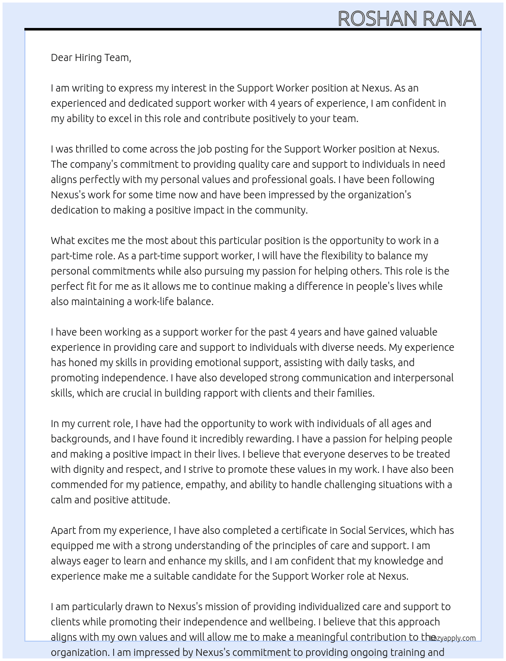 Support worker  At Nexus  Cover Letter