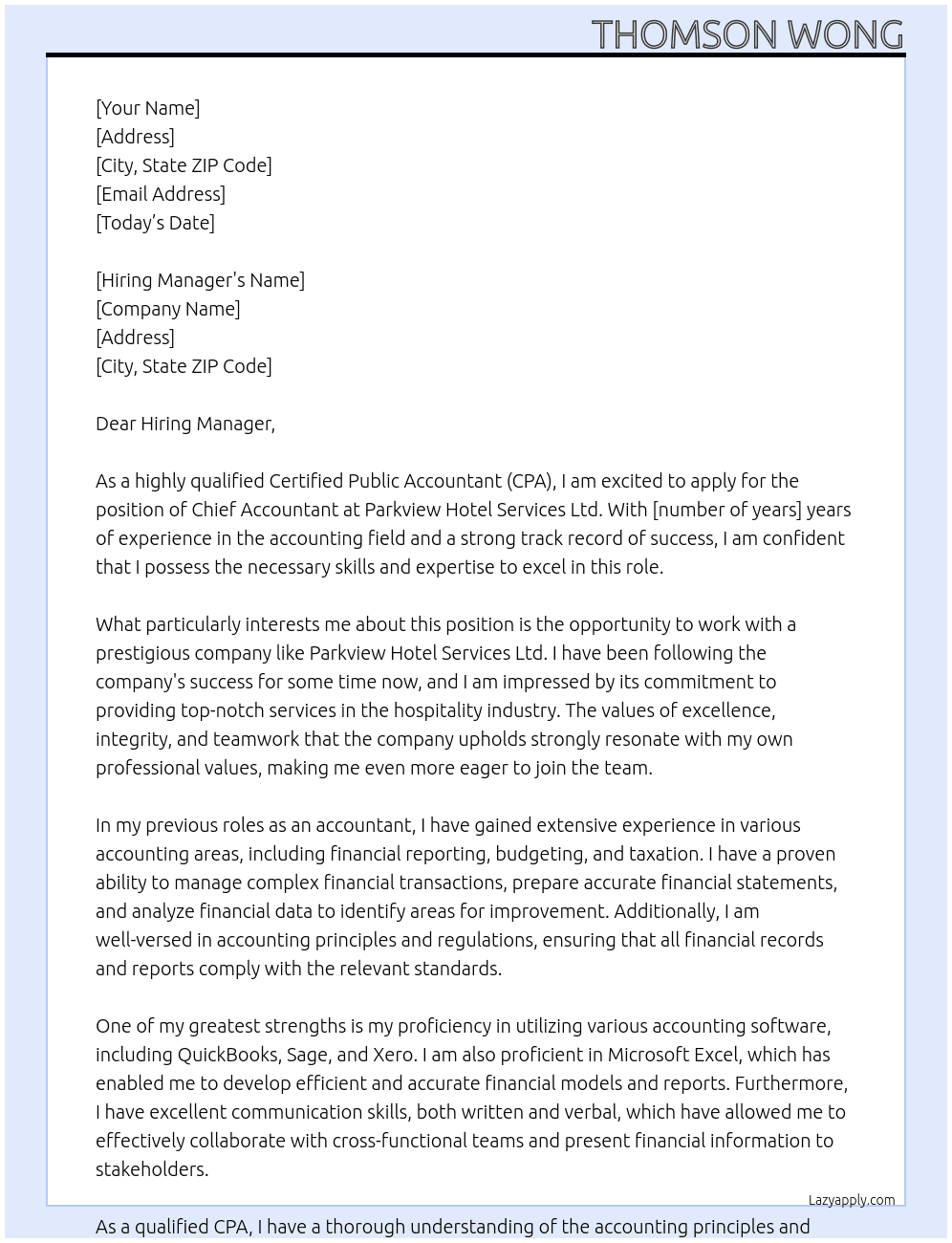 Chief Accountant At Parkview Hotel Services Ltd Cover Letter