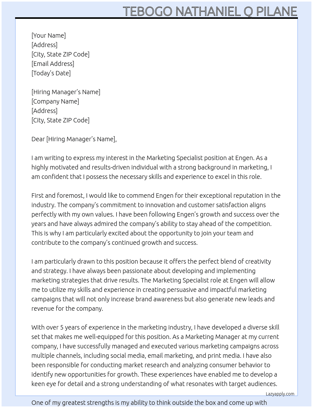 Marketing Specialist At Engen Cover Letter
