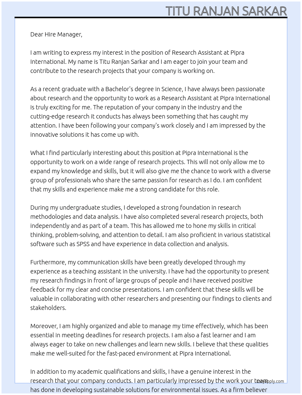 Research Assistant  At Pipra Internation Cover Letter