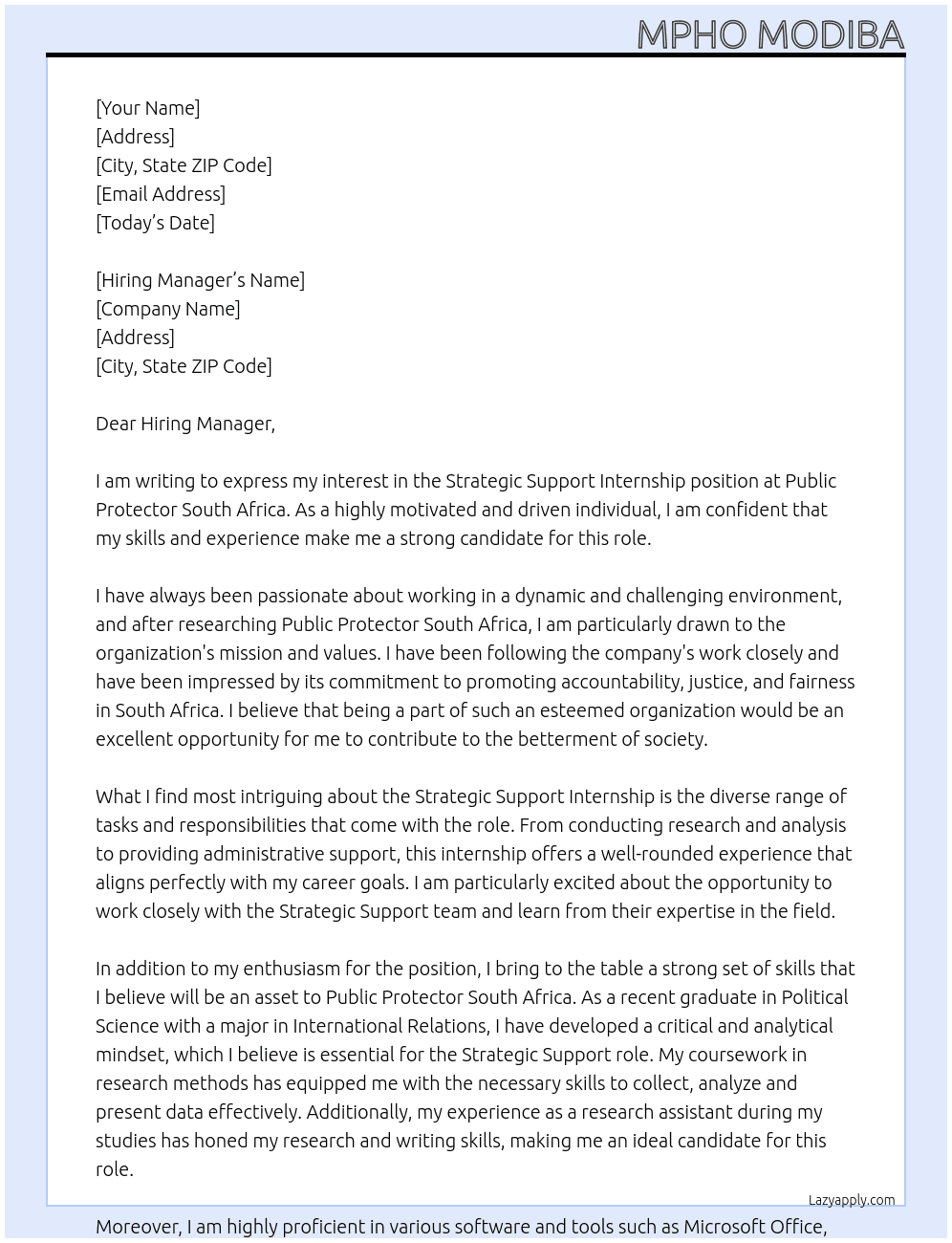 Strategic support At Public protector south africa Cover Letter