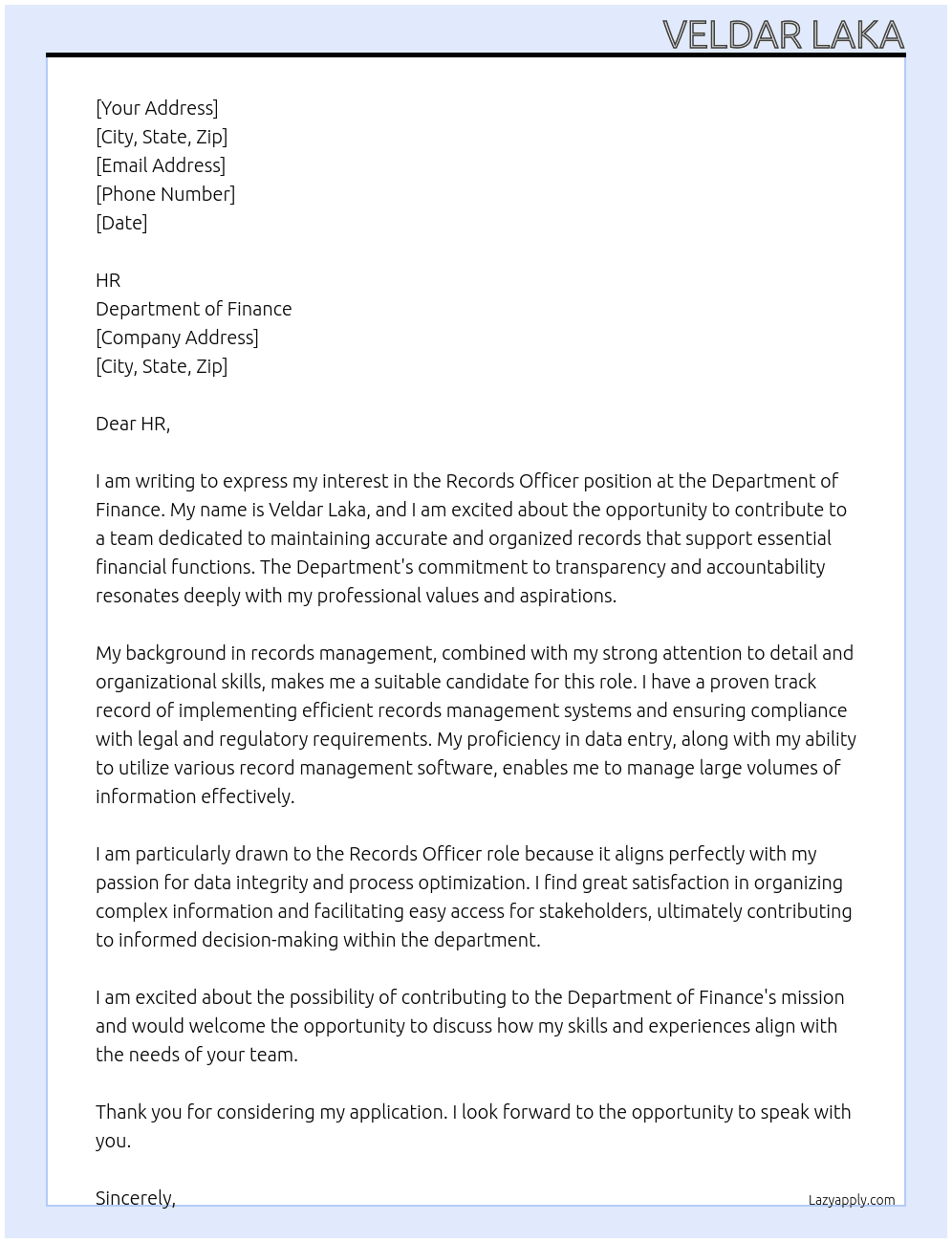 Records officer At Department of Finance  Cover Letter