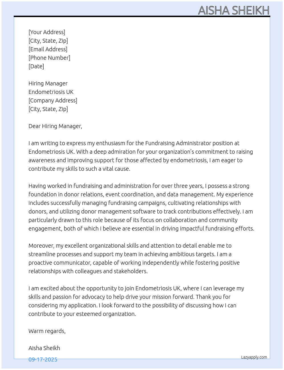 Cover letter for fundraising administrator - LazyApply