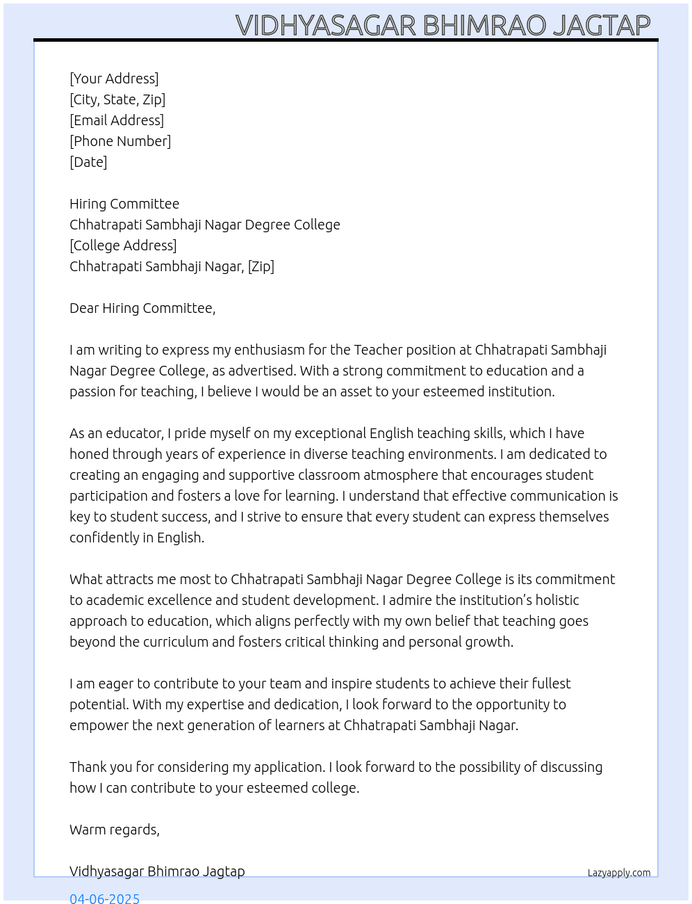 Teacher At Chhatrapati Sambhaji Nagar degree College Cover Letter