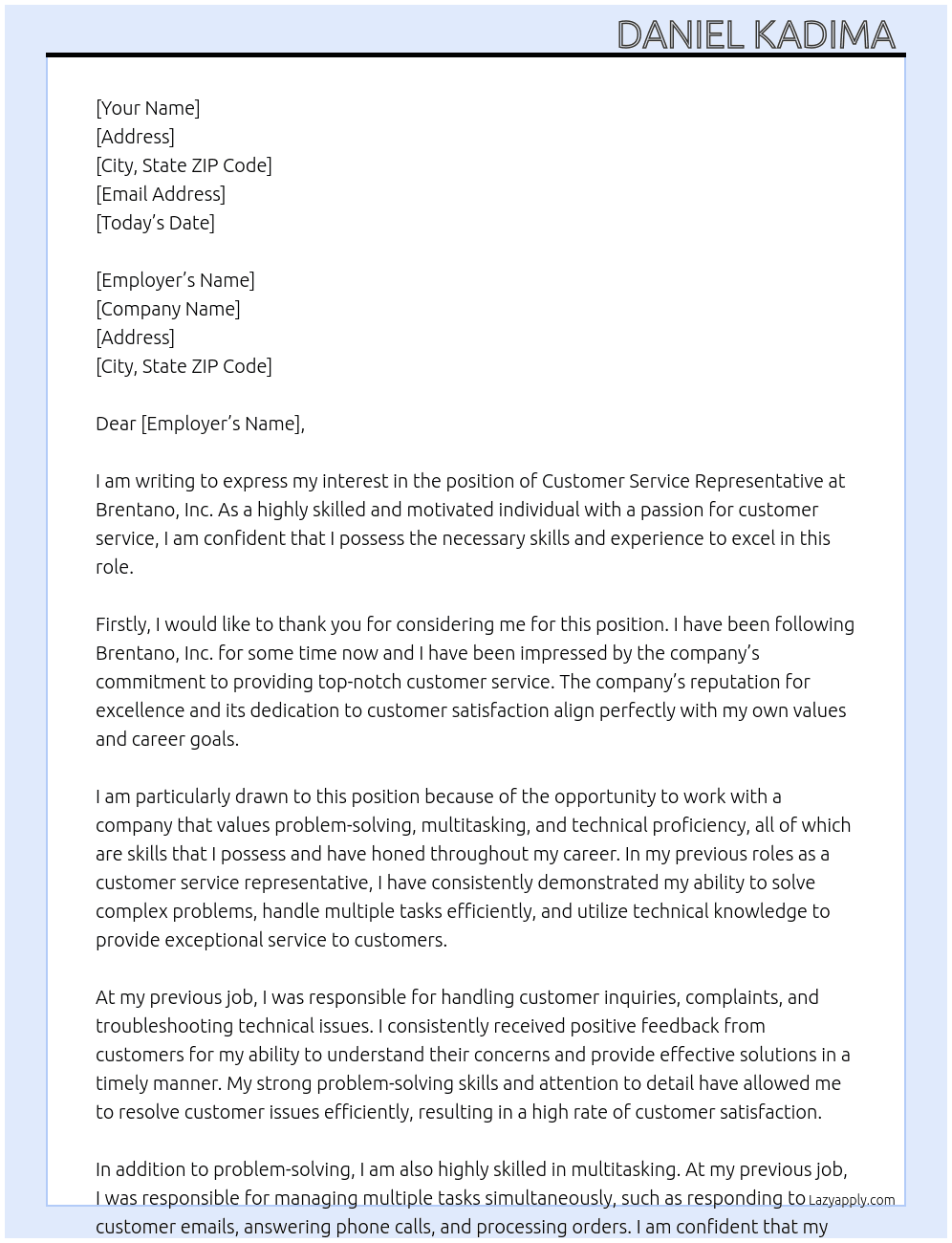 Customer Service Representative At Brentano, Inc Cover Letter