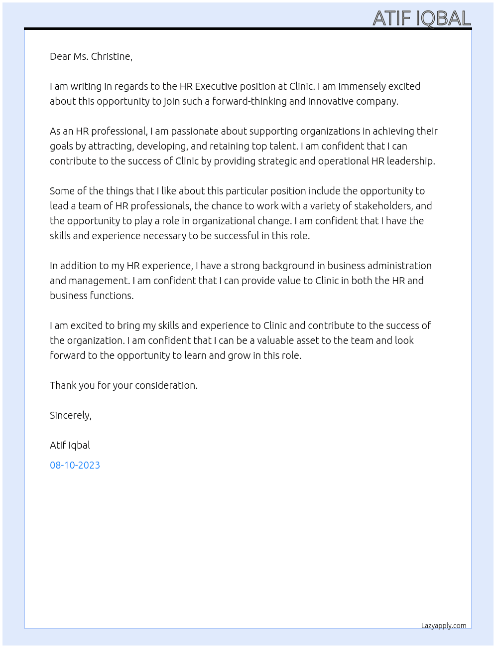 HR Executive  At Clinic  Cover Letter