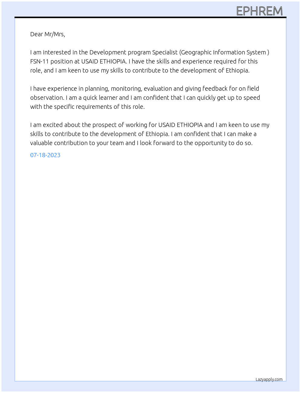 Development program Specialist (Geographic Information System ) FSN-11 At USAID ETHIOPIA  Cover Letter