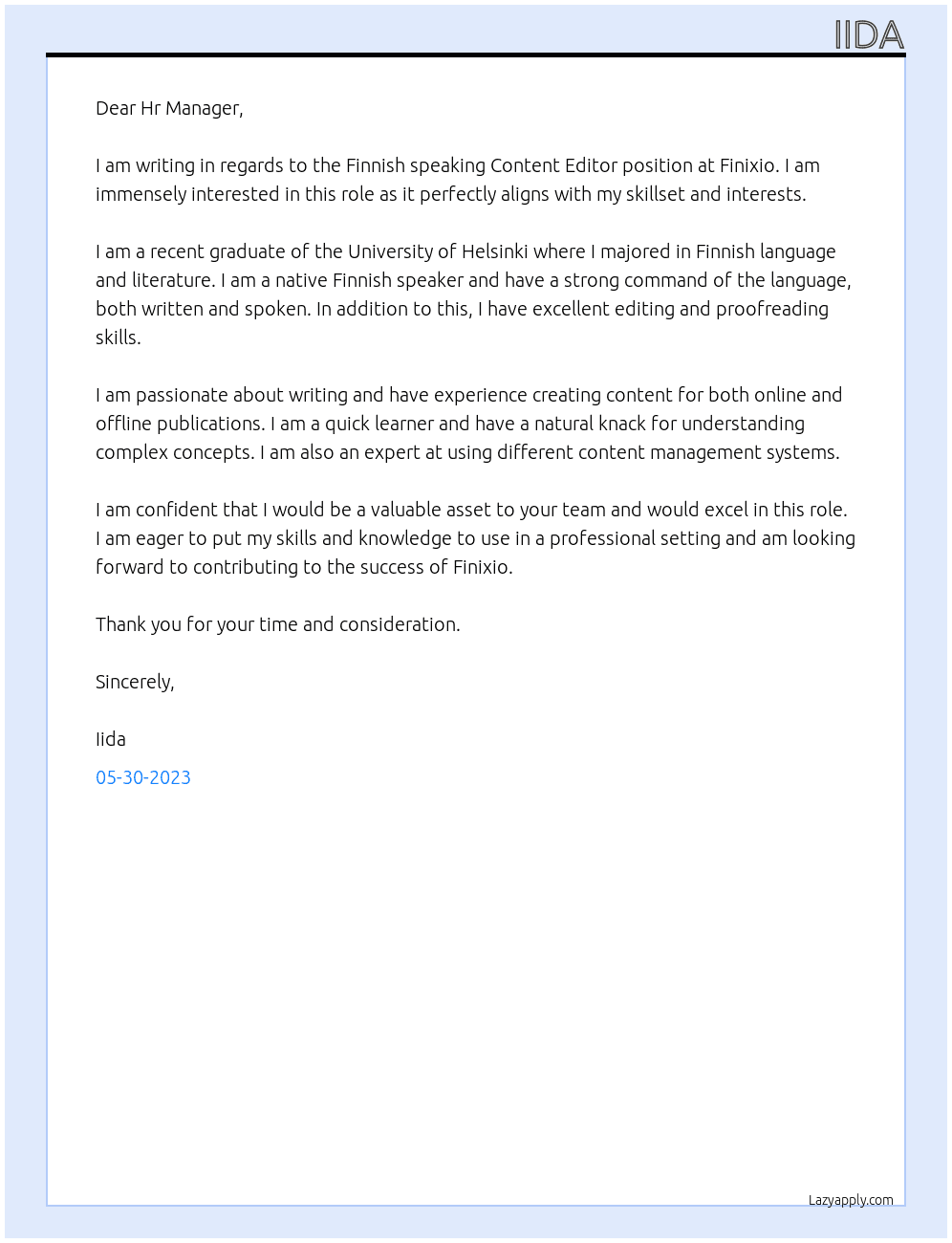 Finnish speaking Content Editor At Finixio Cover Letter