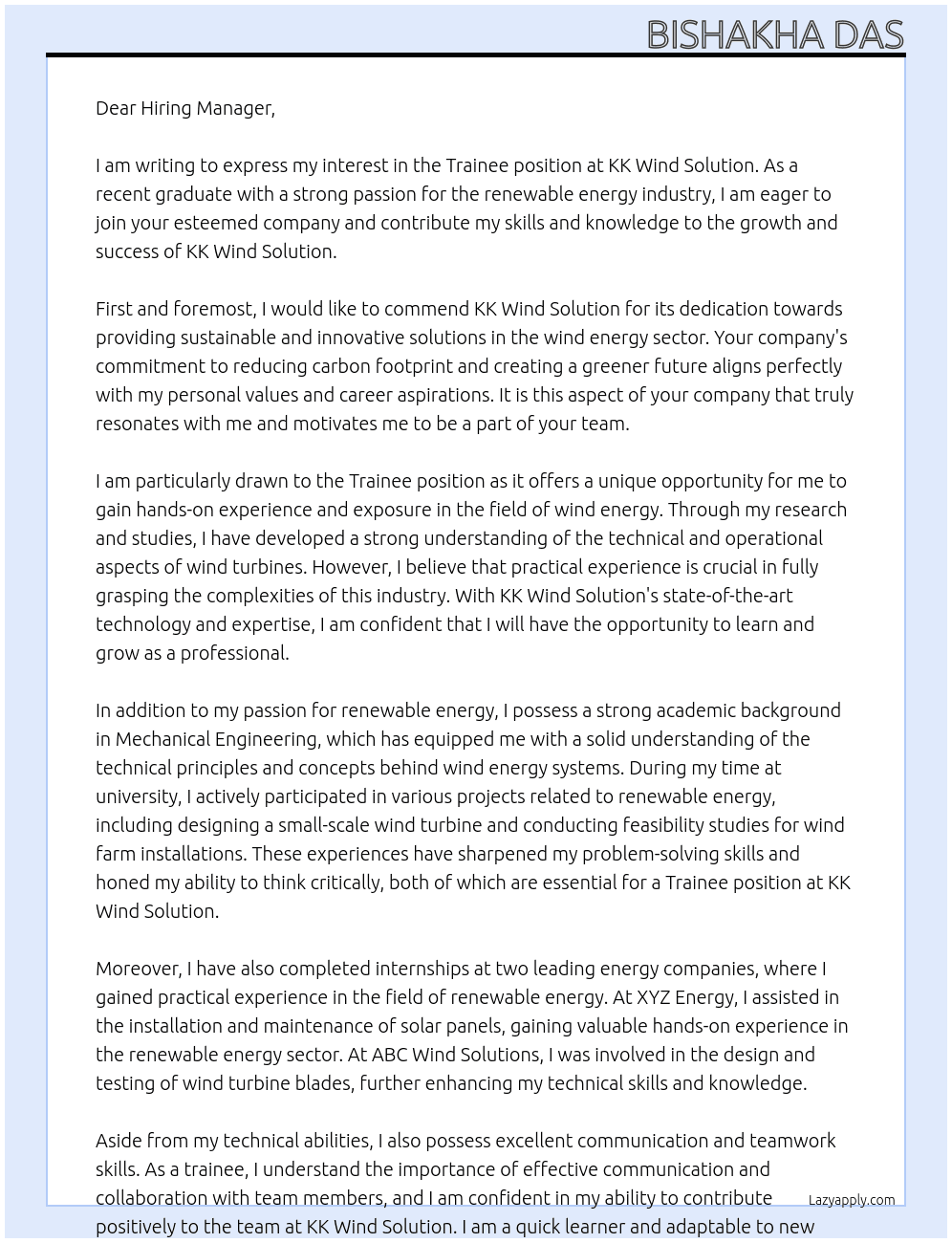 Trainee At KK Wind Solution Cover Letter