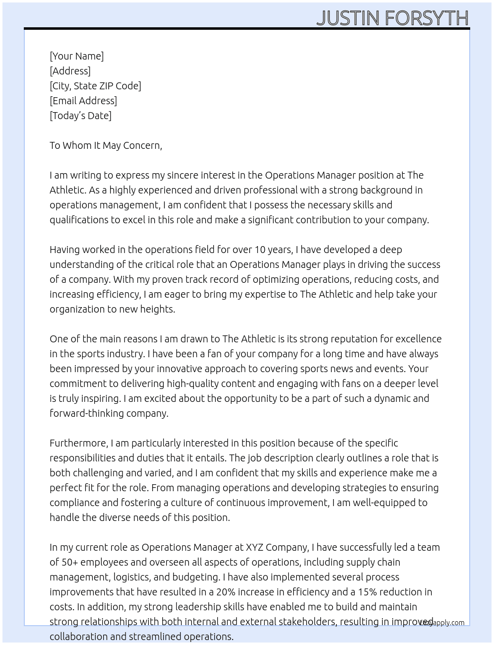 Operations Manager At The Athletic Cover Letter