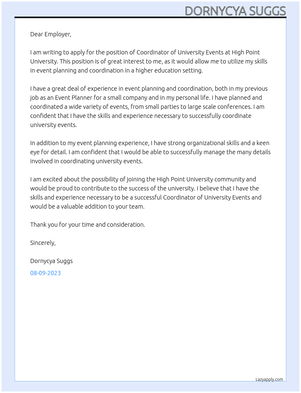 Coordinator of University Events At High Point University Cover Letter