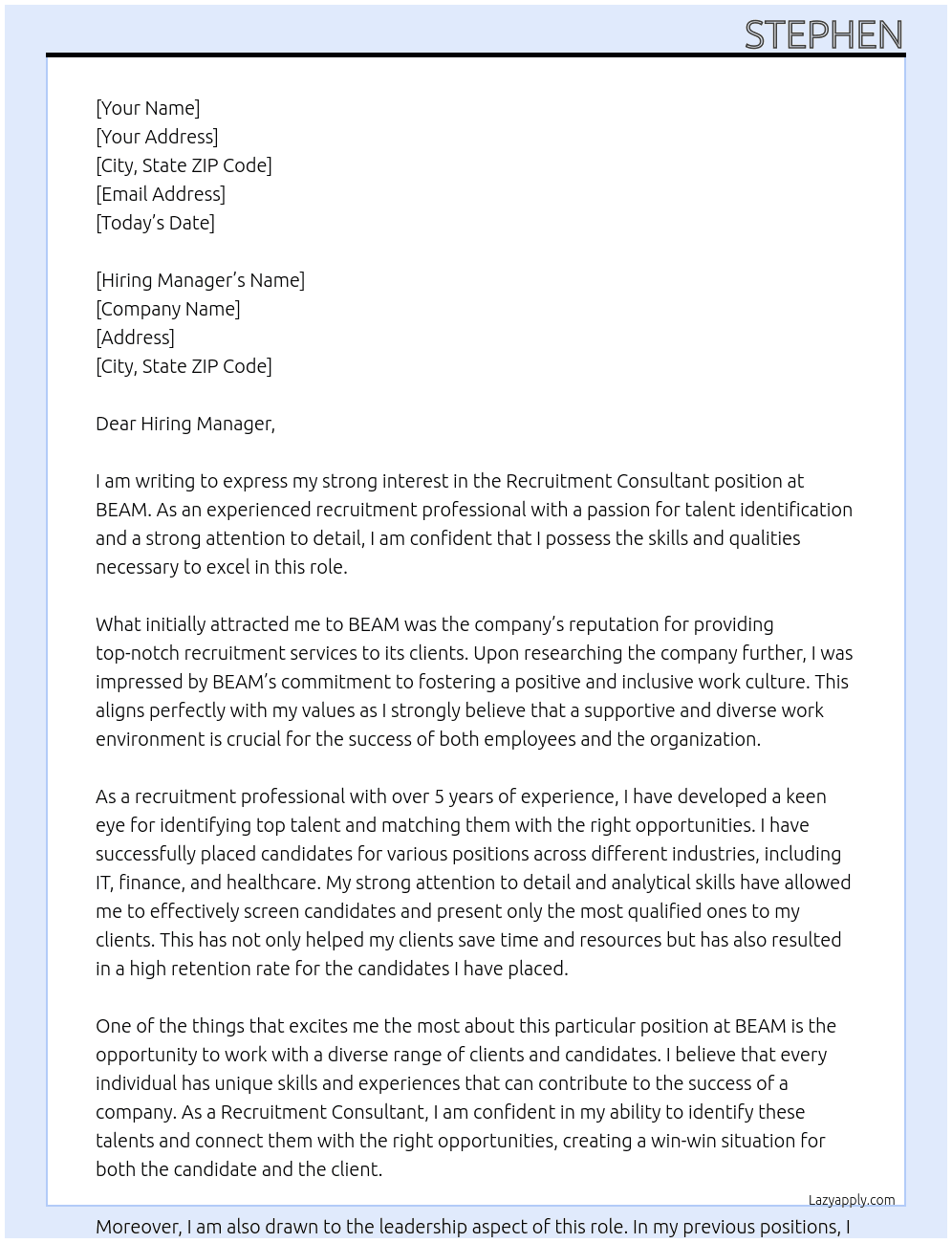 Recruitment Consultant At BEAM Cover Letter