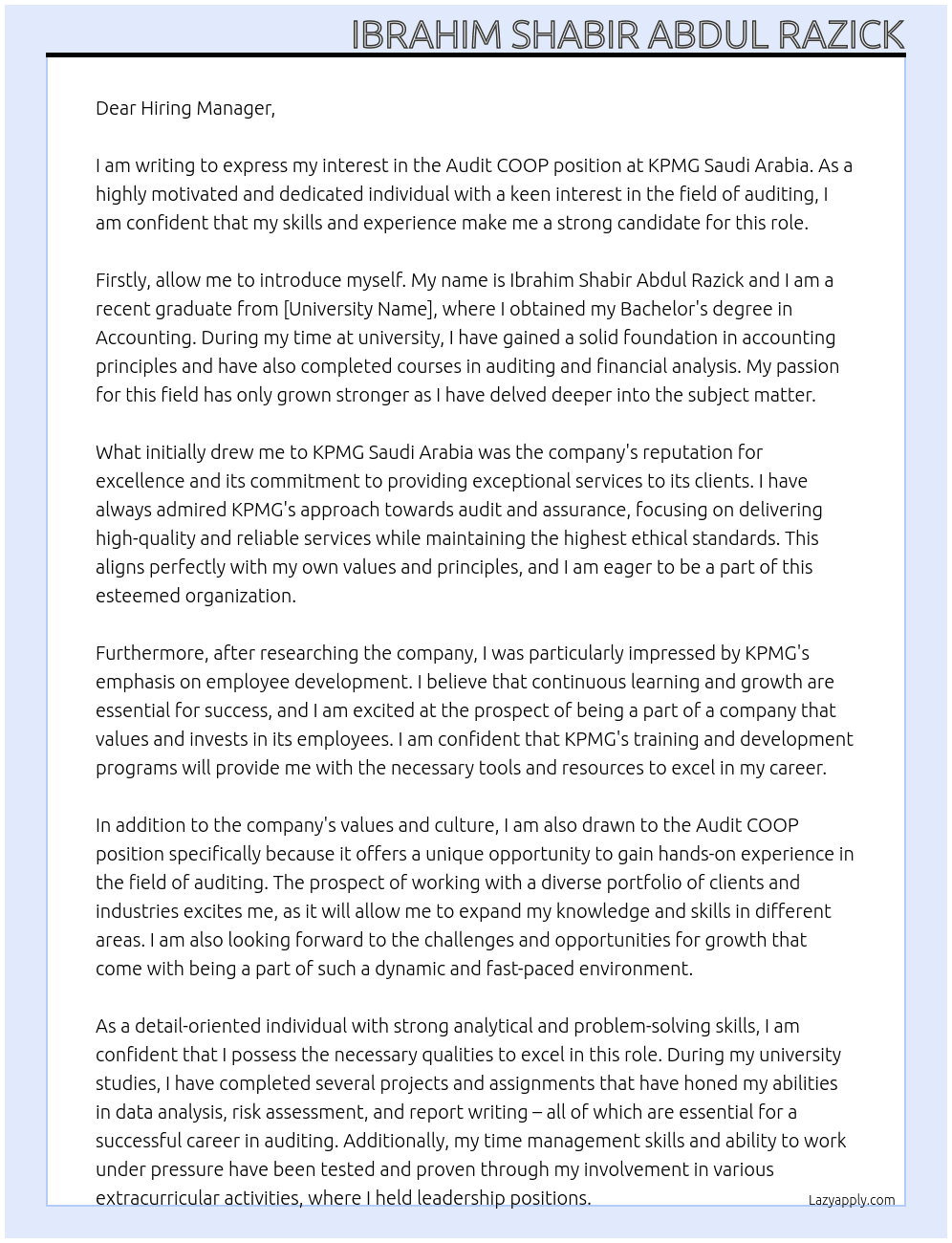Audit COOP  At  KPMG Saudi Arabia Cover Letter