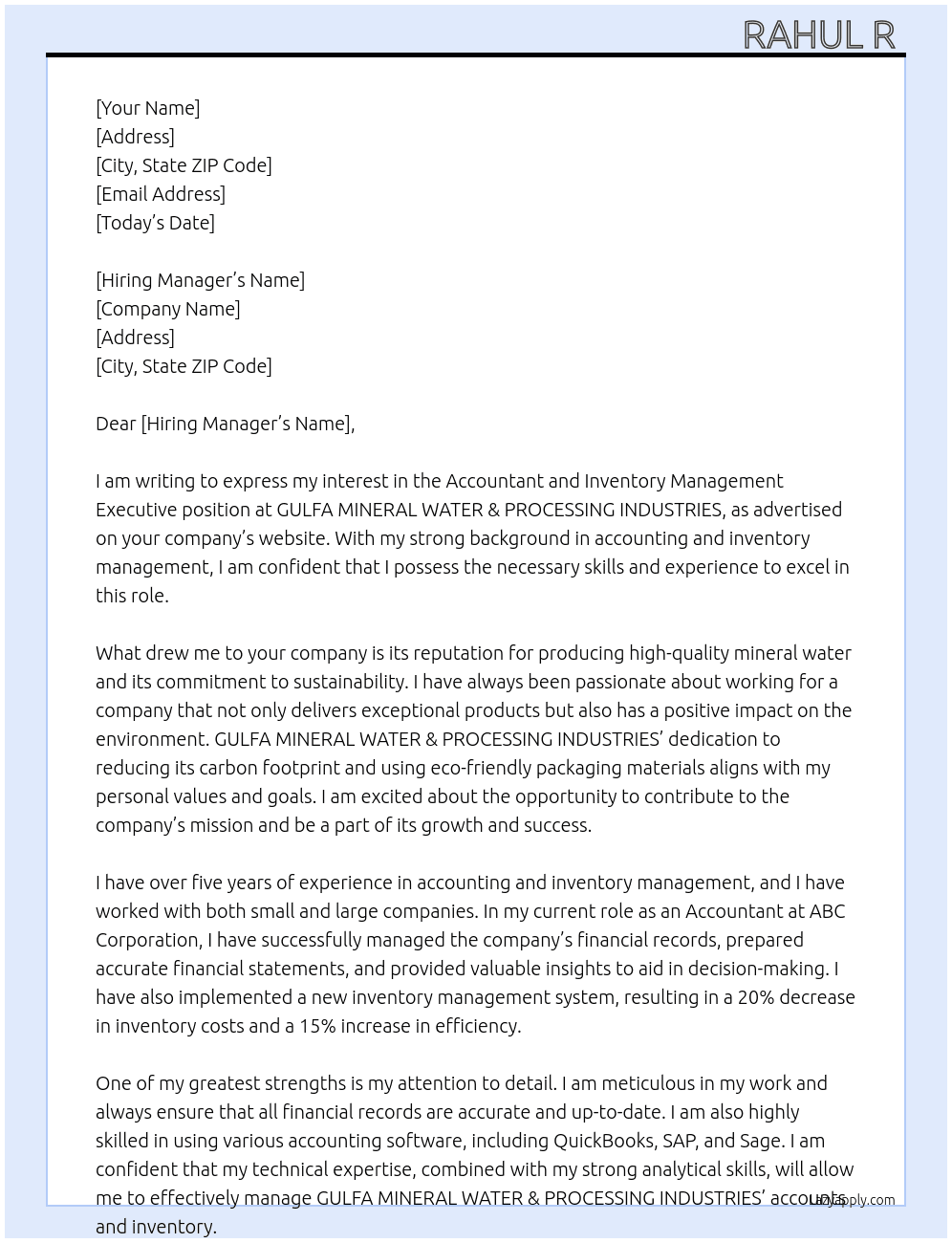Accountant and inventory management executive  At GULFA MINERAL WATER & PROCESSING INDUSTRIES  Cover Letter