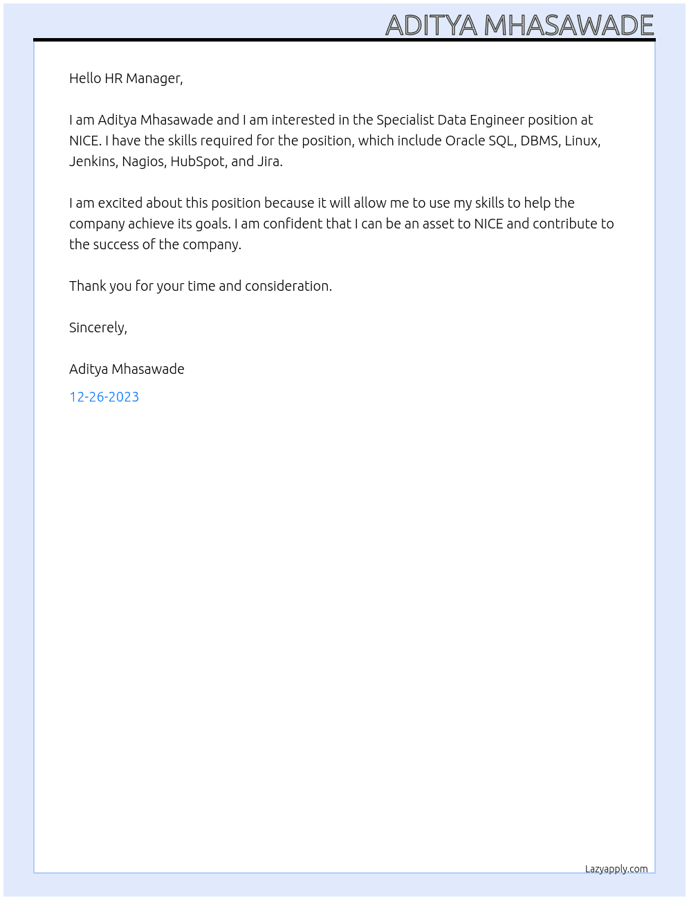 Specialist Data Engineer At NICE Cover Letter