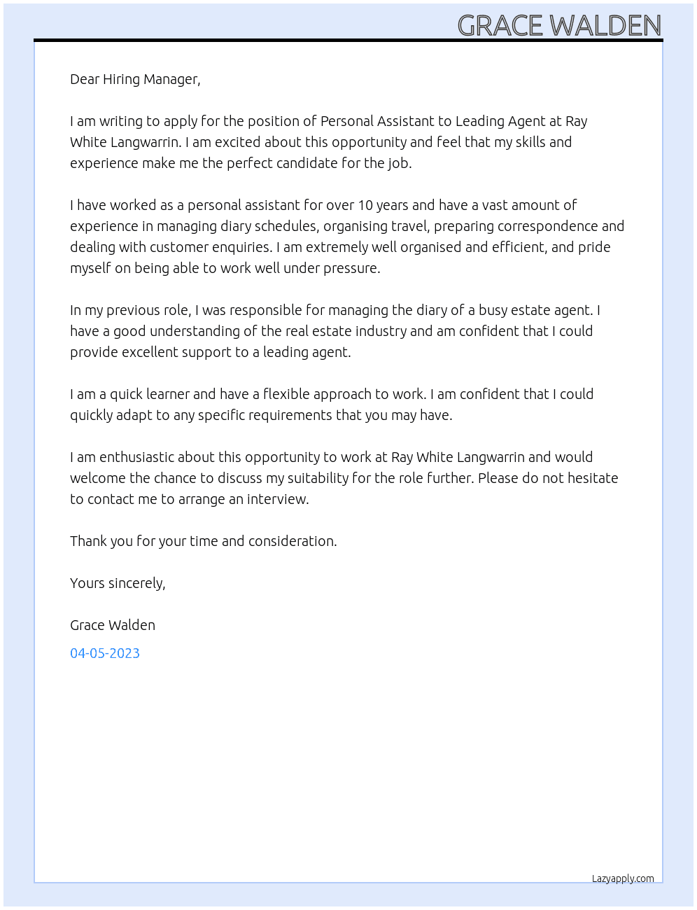 Personal Assistant to Leading Agent At Ray White Langwarrin Cover Letter
