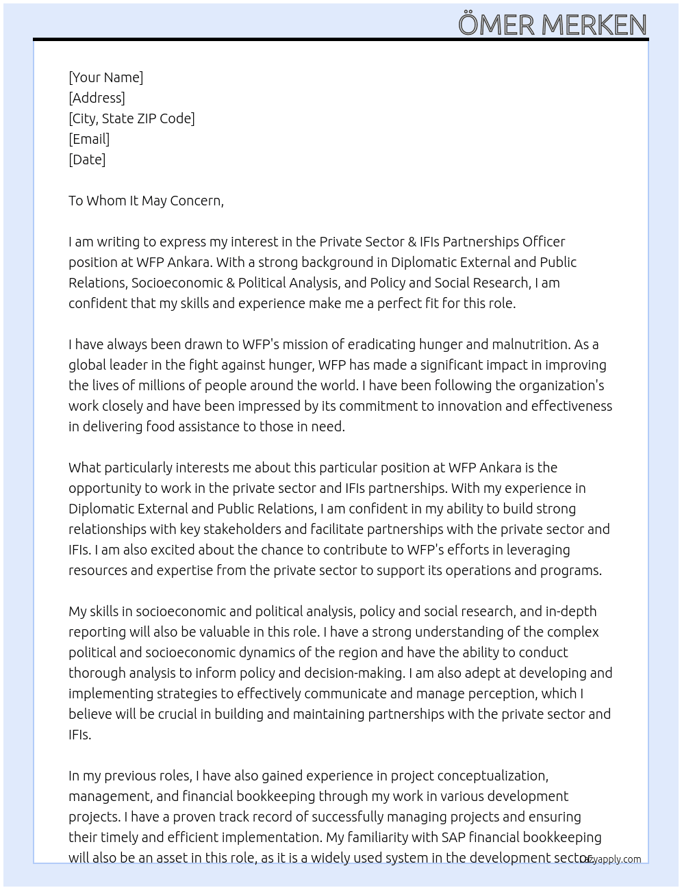 Private Sector & IFIs Partnerships Officer At WFP Ankara Cover Letter