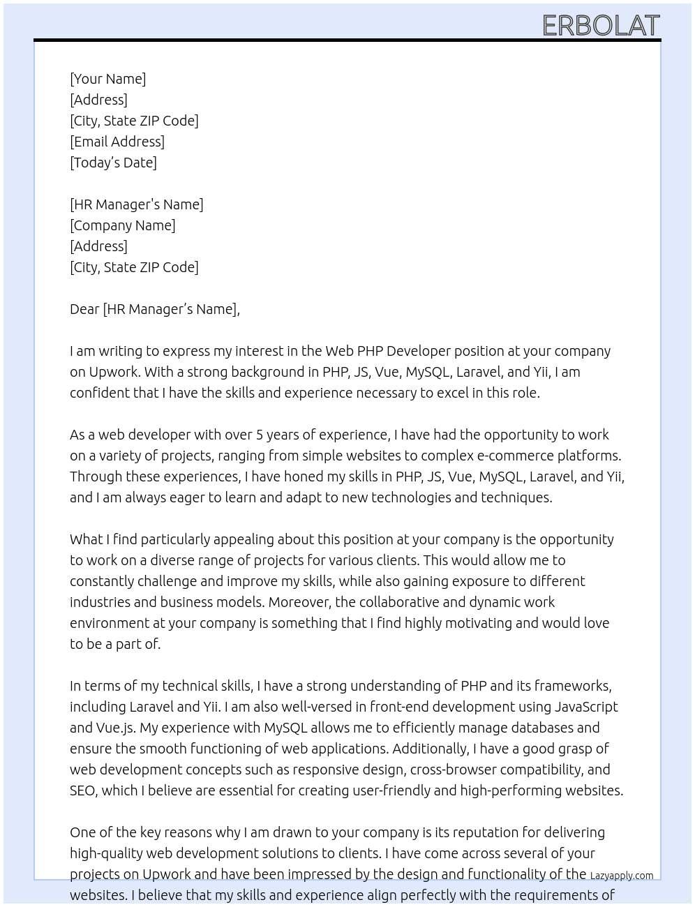 web php developer At company in the upwork Cover Letter