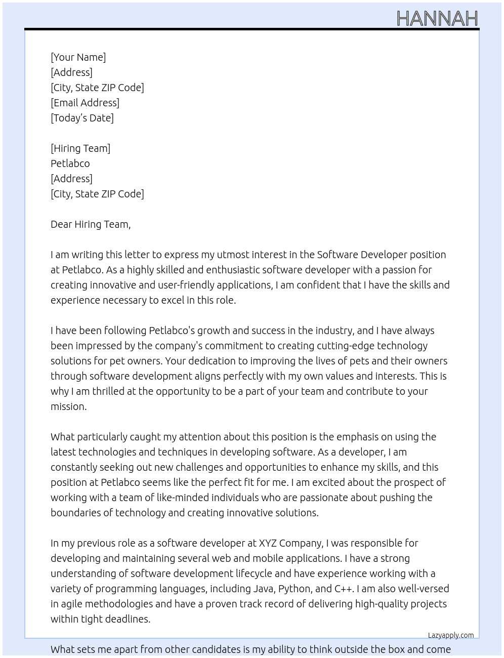 Software developer At petlabco Cover Letter