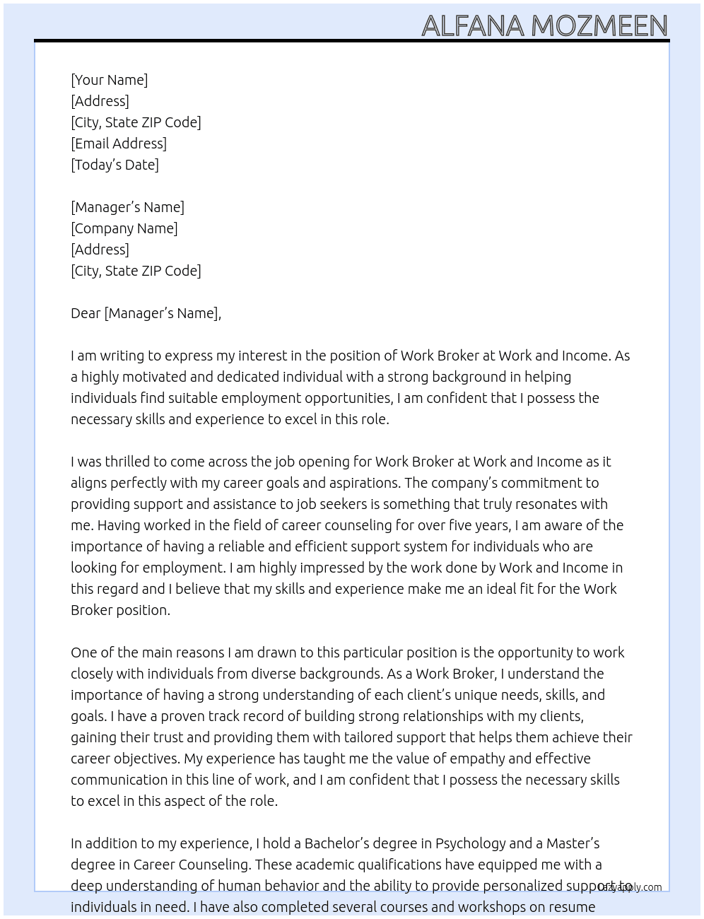 Work Broker  At Work and Income  Cover Letter