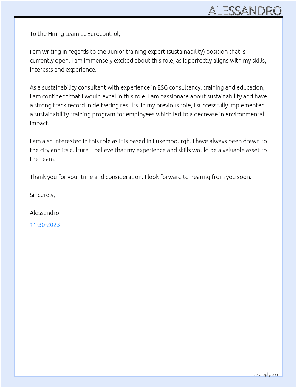 Junior training expert (sustainability) At Eurocontrol Cover Letter