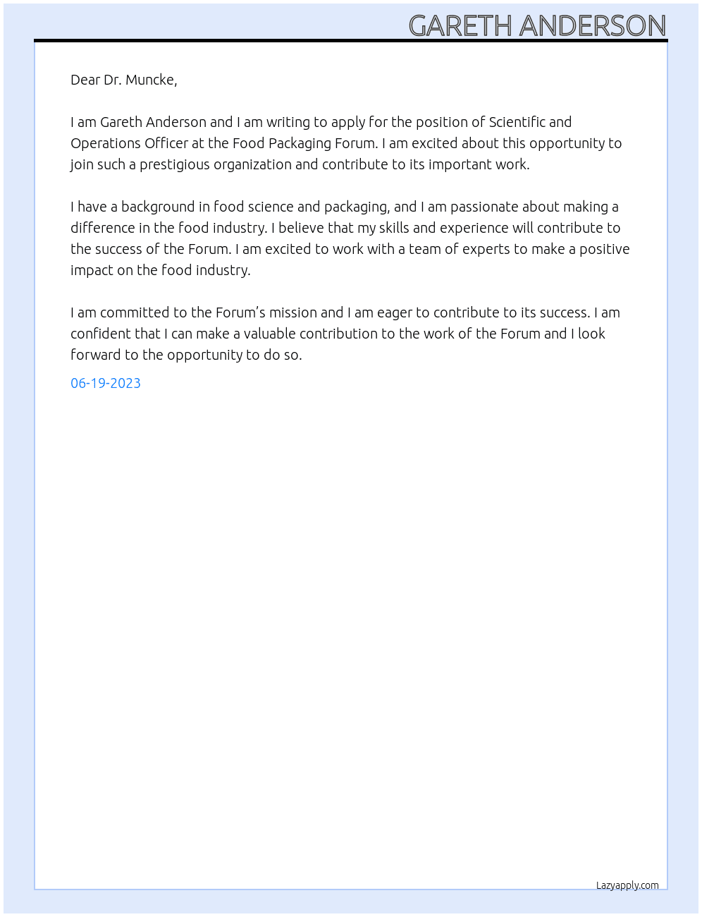 Scientific and Operations Officer At Food Packaging Forum Cover Letter