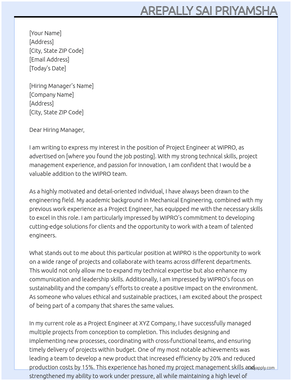 Cover letter for project engieneer - LazyApply