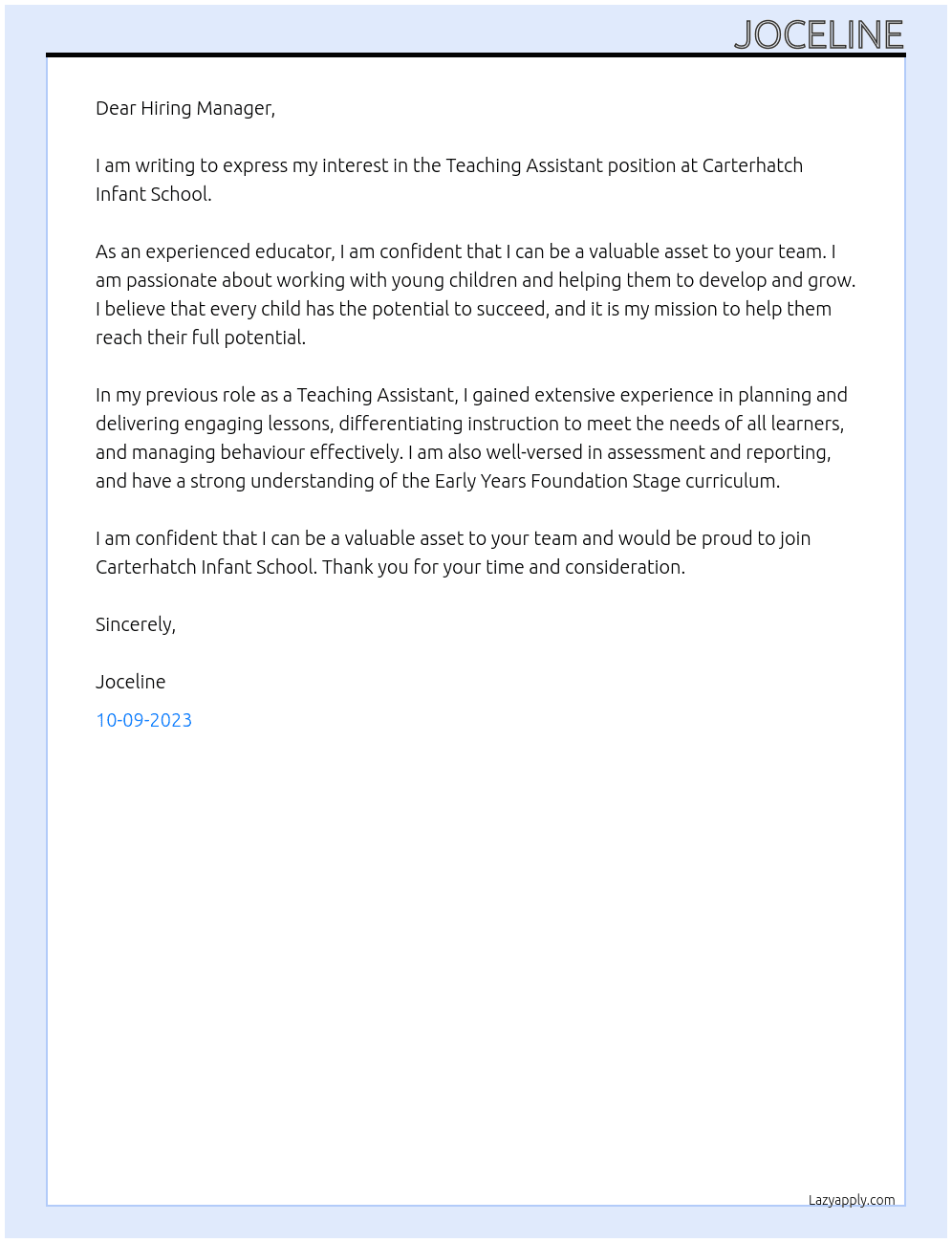 Teaching assistant At Carterhatch Infant School Cover Letter