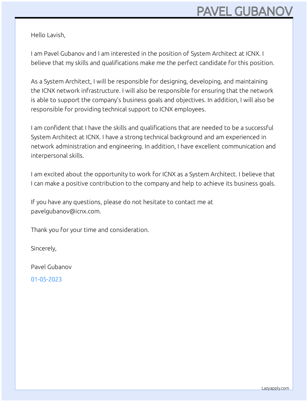 System Architect At ICNX Cover Letter