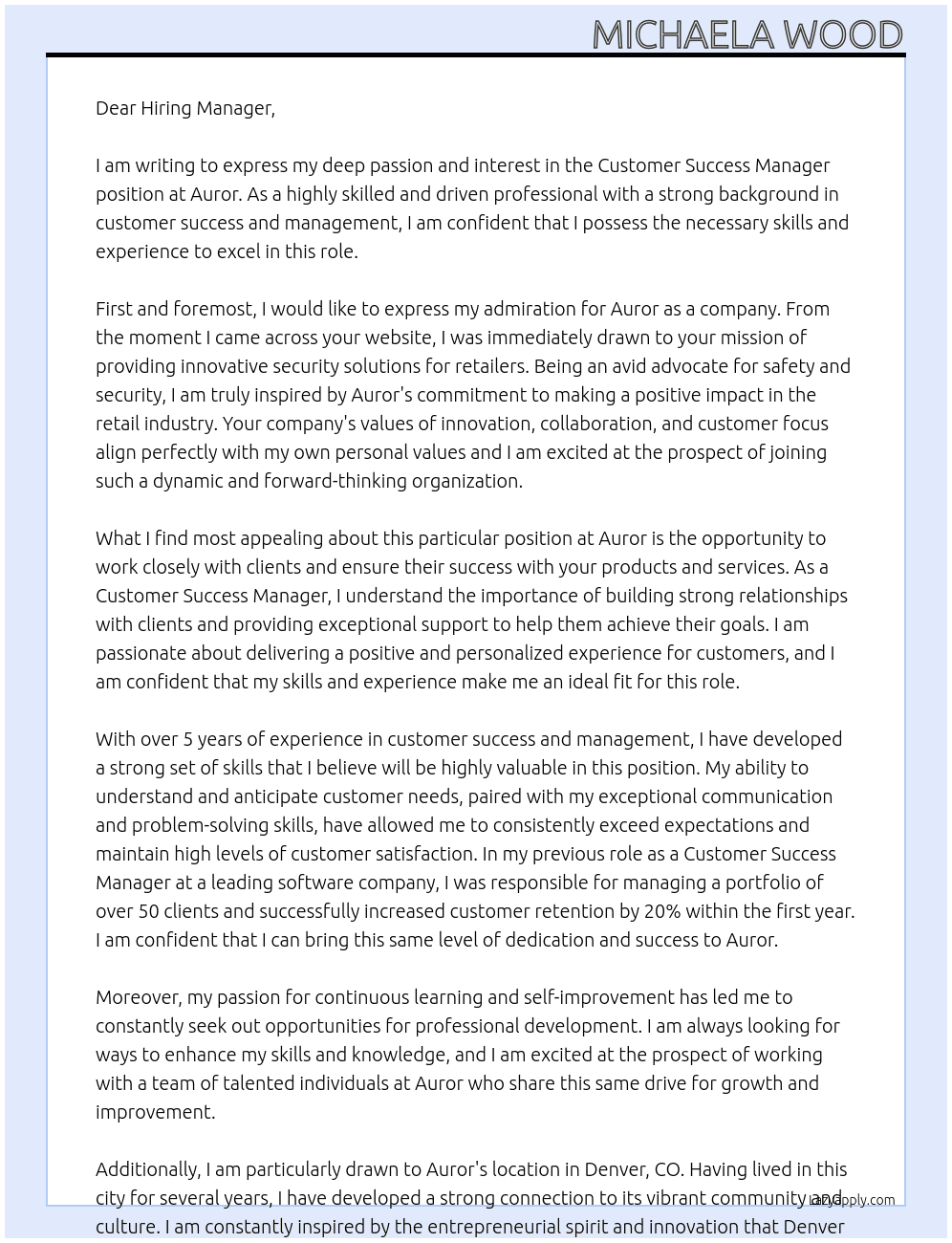 Customer Success Manager At Auror Cover Letter