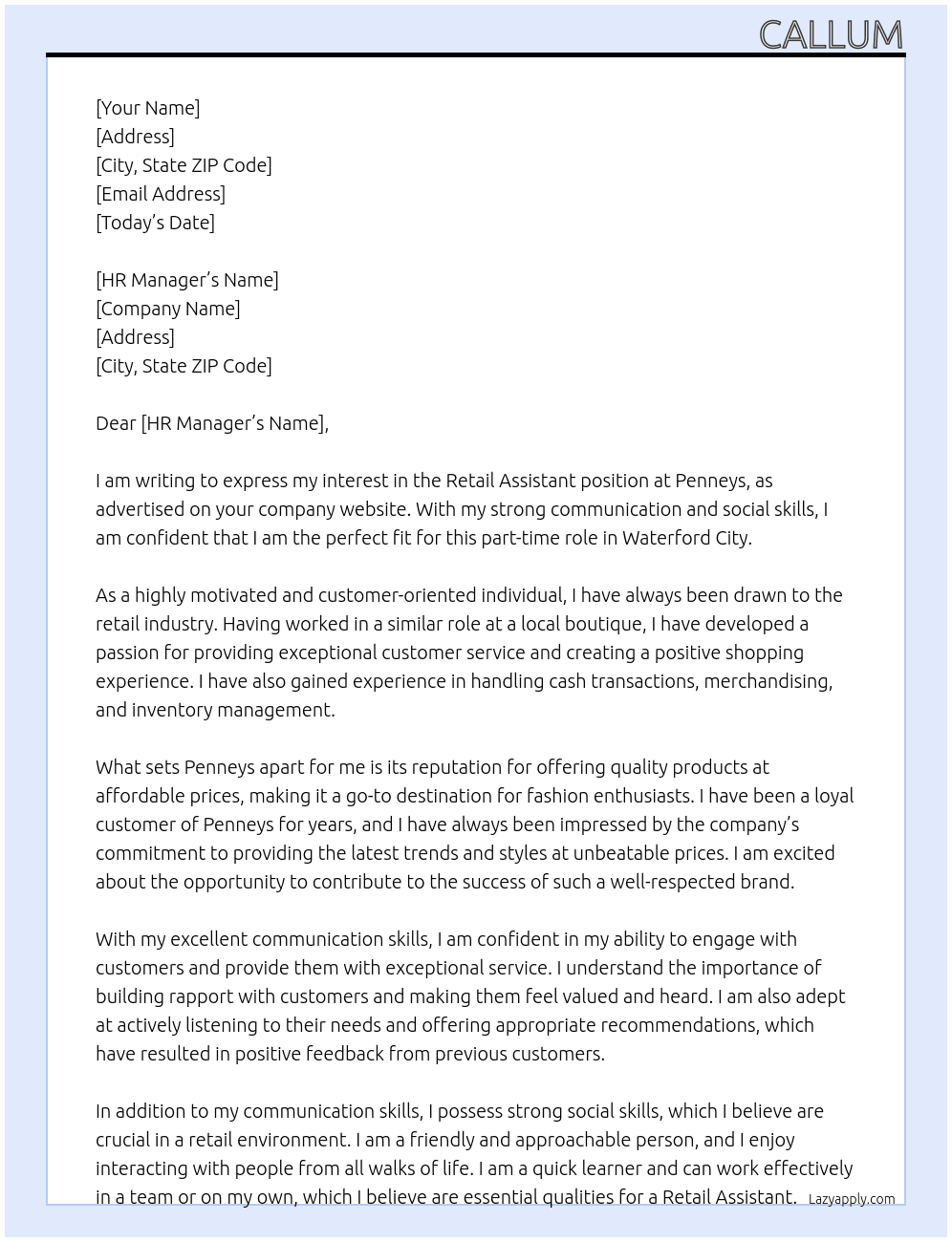 Retail Assistant At Penneys Cover Letter