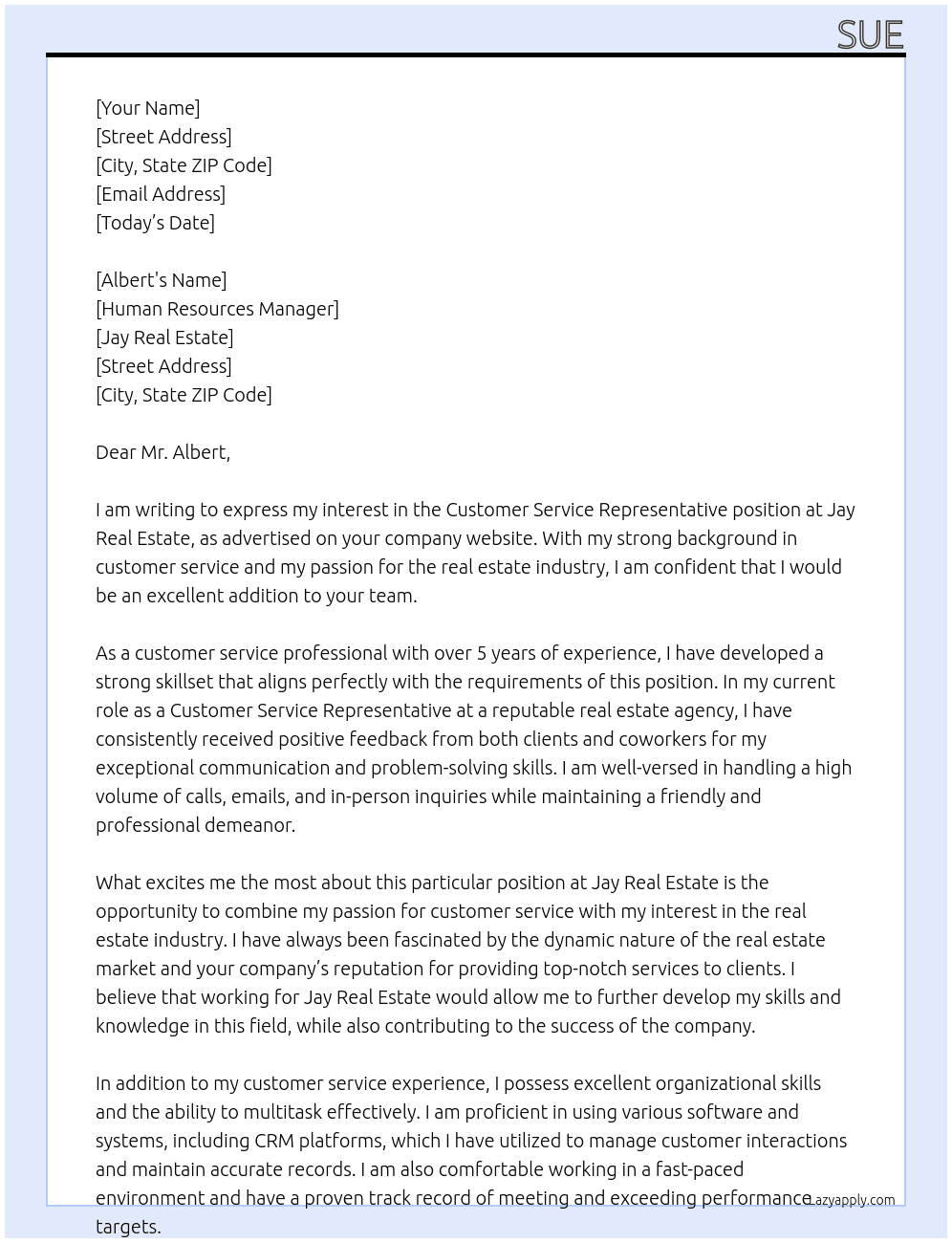 Customer Service Representative At Jay Real Estate Cover Letter