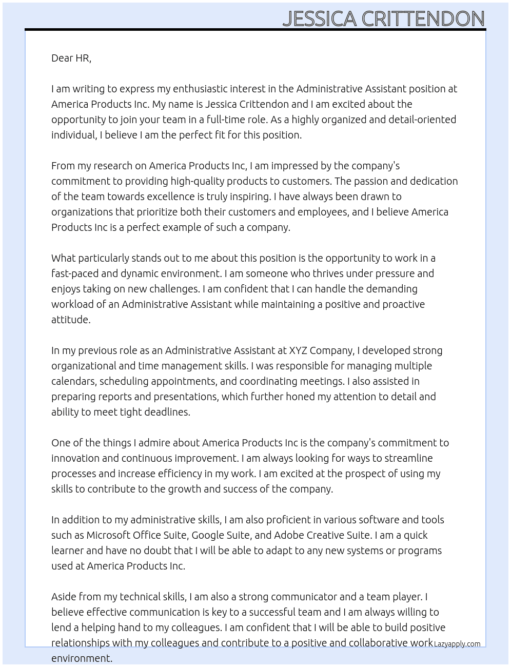 Administrative Assistant  At America products Inc Cover Letter