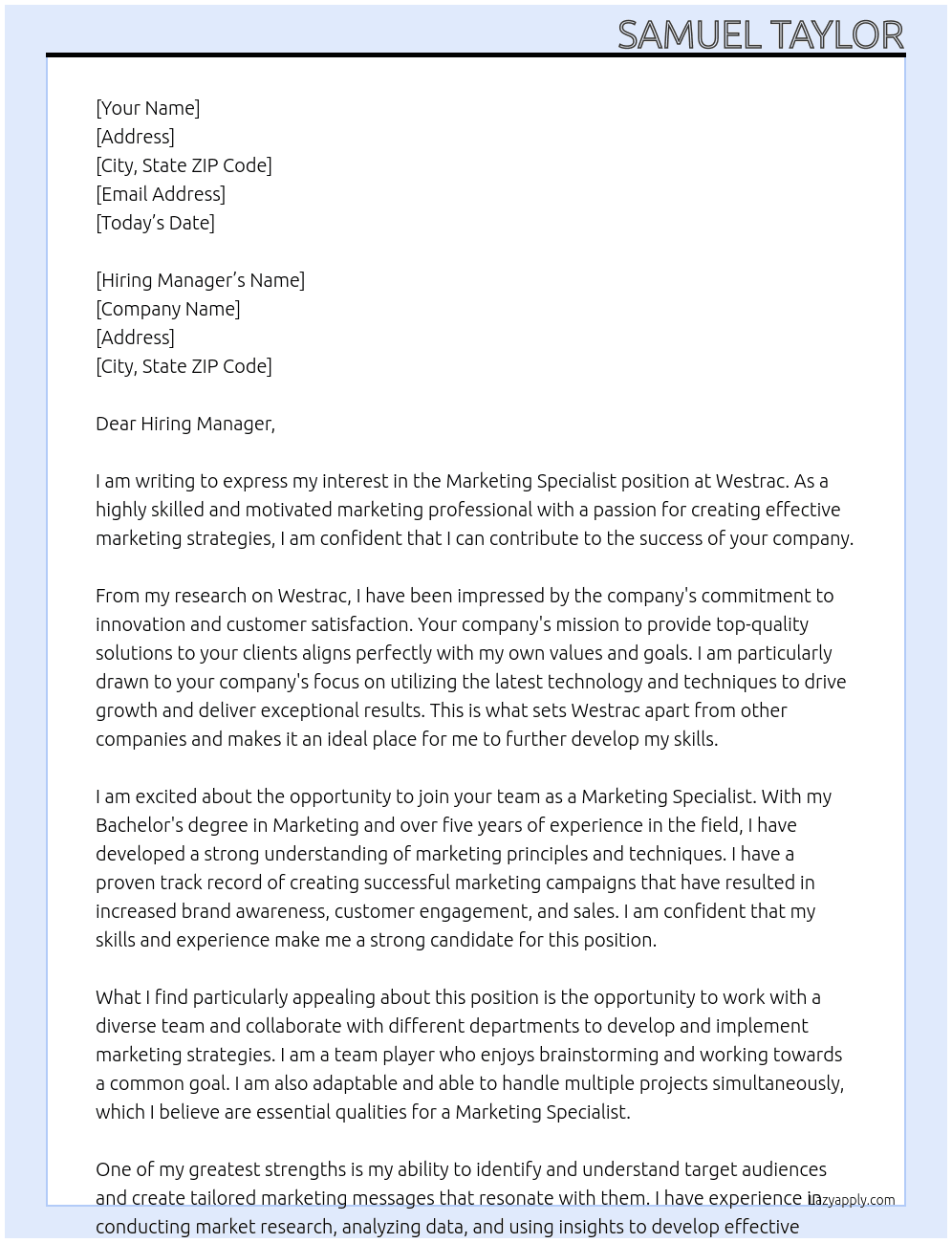 Marketing Specialist At Westrac Cover Letter