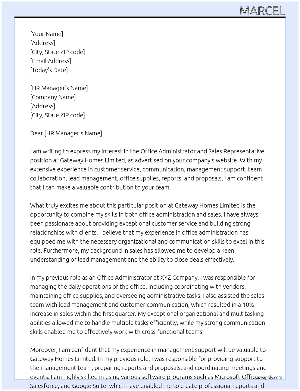 Office Administrator and Sales Representative At Gateway Homes Limited  Cover Letter