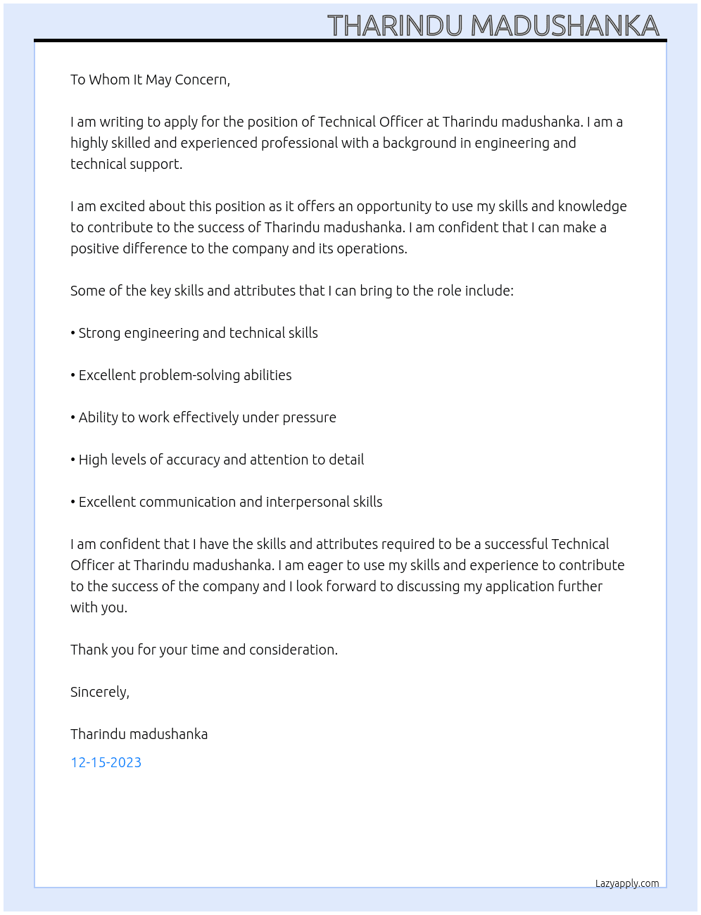 Technical officer  At Tharindu madushanka  Cover Letter