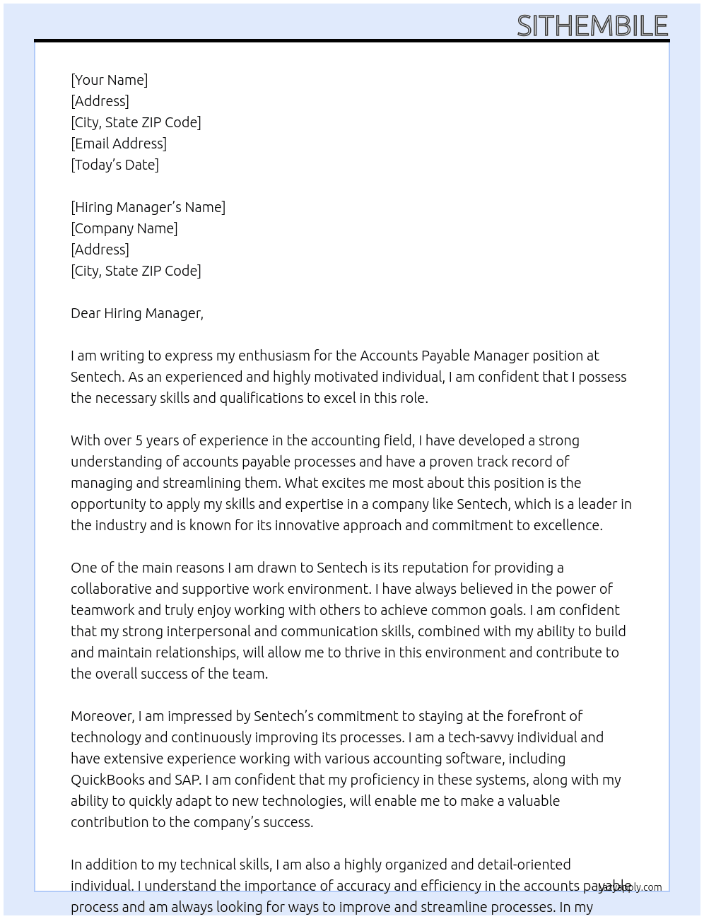  Accounts Payable Manager At Sentech Cover Letter